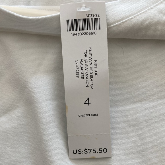 Chico's Size 4, XXL, Knit Woven Tier Alabaster Blouse, Wide ruffle bell sleeves - Picture 9 of 12